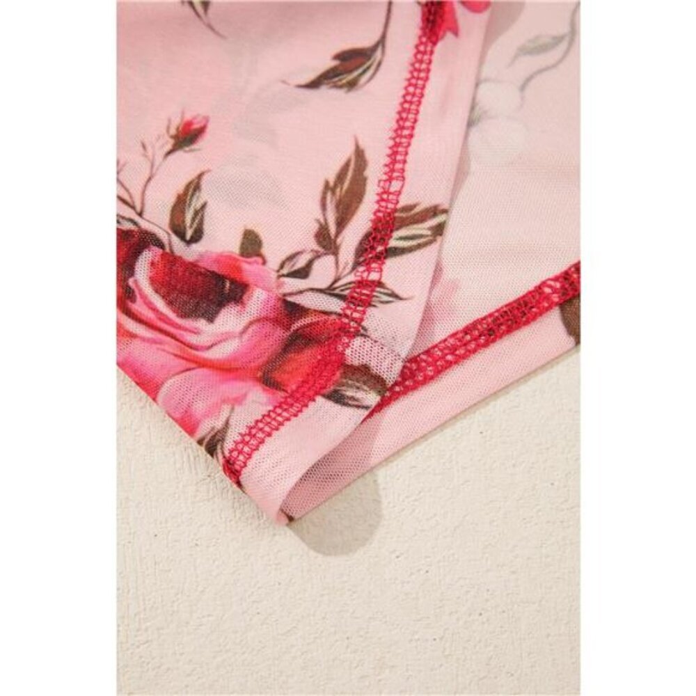 Floral Print Exposed Seam Detail Mesh Long Sleeve Top - Picture 6 of 7